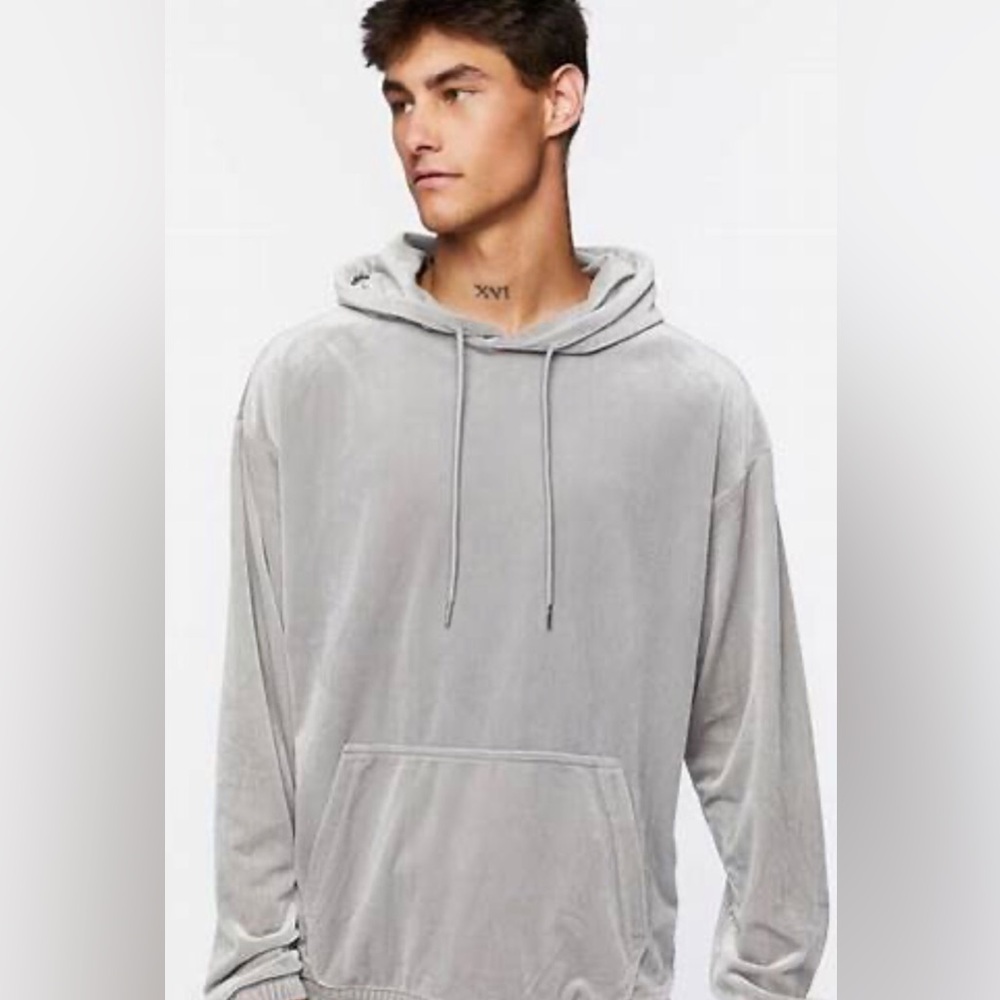 Forever 21 Men’s Light Grey Velour Pullover Drawstring Hoodie Size XXL EUC